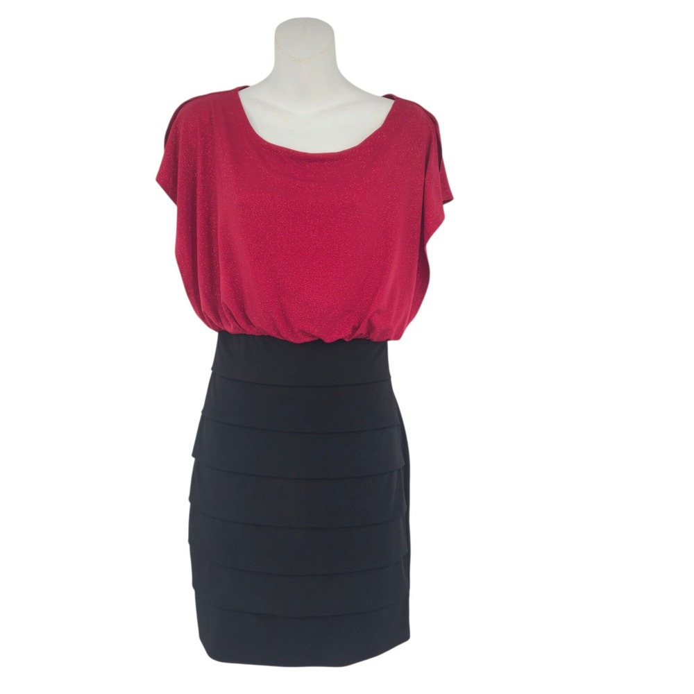 Enfocus Studio Sheath Dress Women Size 6 Red Black Glitter Tiered Cocktail Party